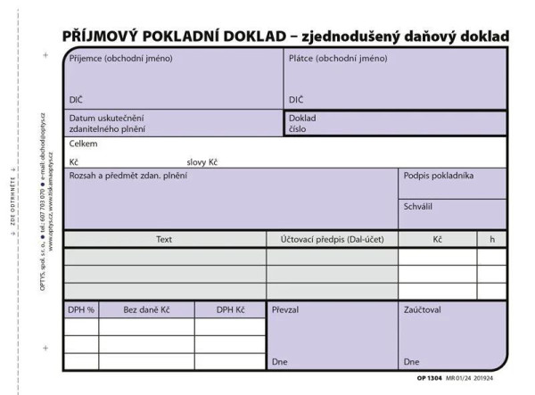 Tiskopis Příjmový zjednoduš.daňový pokl.doklad A6 samopropis 100 listů OPTYS 1304