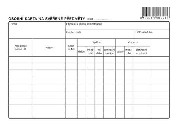 Tiskopis Osobní karta na svěřené předměty A5 na šířku OPTYS 1151