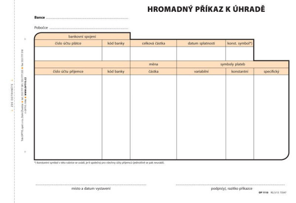 Tiskopis Hromadný příkaz k úhradě A5 samopropis 100 listů OPTYS 1110