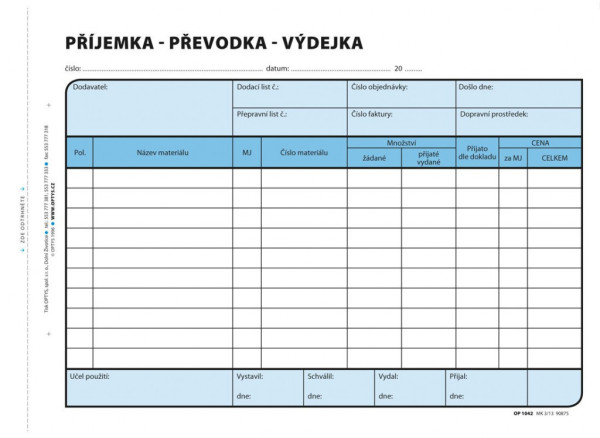 Tiskopis Příjem převod výdej A5 100 listů OPTYS 1042