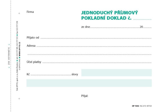 Tiskopis Příjmový doklad A6 samopropis 100 listů OPTYS 1302