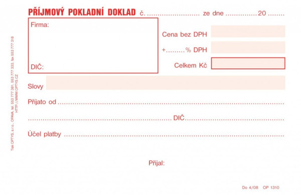 Tiskopis Příjmový pokl. doklad A6 50 listů OPTYS 1310