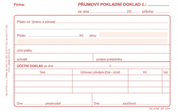 Tiskopis Příjmový pokl. doklad A6 i pro podvoj. úč. samopropis 50 listů OPTYS 1314