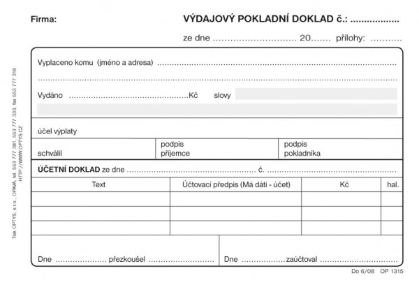 Tiskopis Výdajový pokl. doklad i pro podvoj. úč. samopropis 50 listů OPTYS 1315