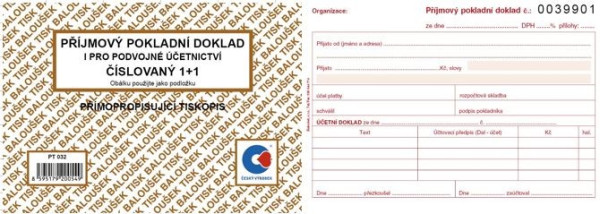 Tiskopis Příjmový pokl. doklad i pro podvoj. úč. A6 samopropis číslov. 1+1 BALOUŠEK PT032