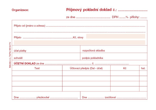 Tiskopis Příjmový pokl. doklad i pro podvojné účetnictví A6 50 listů BALOUŠEK ET030