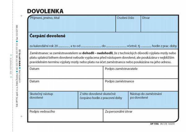 Tiskopis Dovolenka A6 100 listů OPTYS 1146