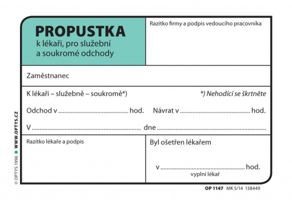 Tiskopis Propustka A7 100 listů OPTYS 1147