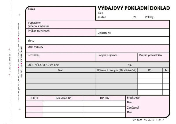 Tiskopis Výdajový pokl. doklad A6 100 listů OPTYS 1037