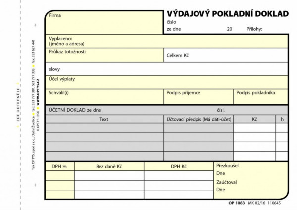 Tiskopis Výdajový pokl. doklad A6 samopropis 100 listů OPTYS 1083