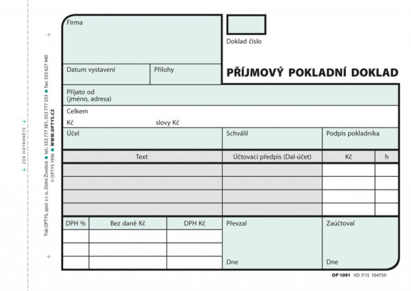 Tiskopis Příjmový doklad A6 samopropis 2x50 listů OPTYS 1091