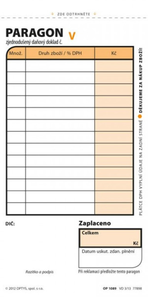 Tiskopis Paragon obchodní 7,5x15cm samopropis číslovaný 2x50 listů OPTYS 1089