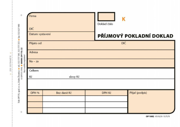 Tiskopis Příjmový pokl. doklad A6 samopropis číslovaný 3x25 listů OPTYS 1082