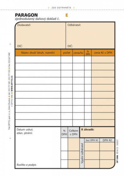 Tiskopis Paragon daňový doklad A6 samopropis číslovaný 2x50 listů OPTYS 1086