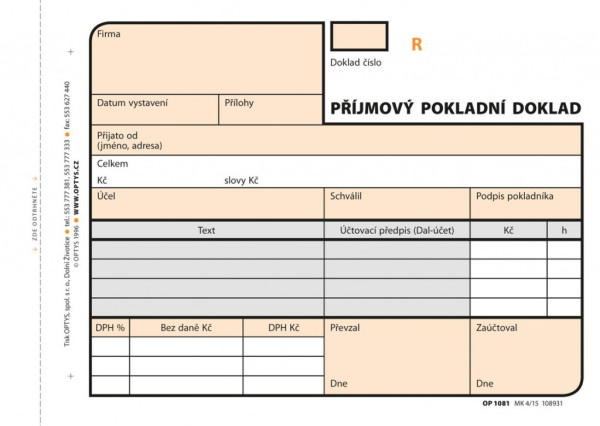 Tiskopis Příjmový pokl. doklad A6 samopropis číslovaný 2x50 listů OPTYS 1081