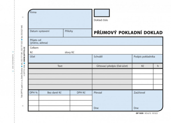 Tiskopis Příjmový pokl. doklad A6 číslovaný 2x50 listů OPTYS 1039