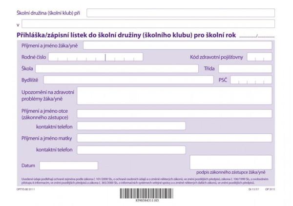 Tiskopis Zápisní lístek do školní družiny A5 OPTYS 3111